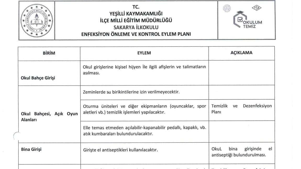 OKULUMUZ ENFEKSİYON ÖNLEME VE KONTROL EYLEM PLANI